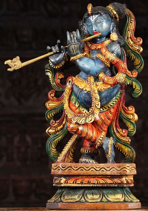 Sold Wood Blue Krishna Playing Yali Headed Flute 24 94w9bh Hindu
