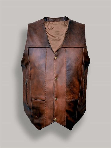 Men Distressed Brown Leather Vest Men Jackets