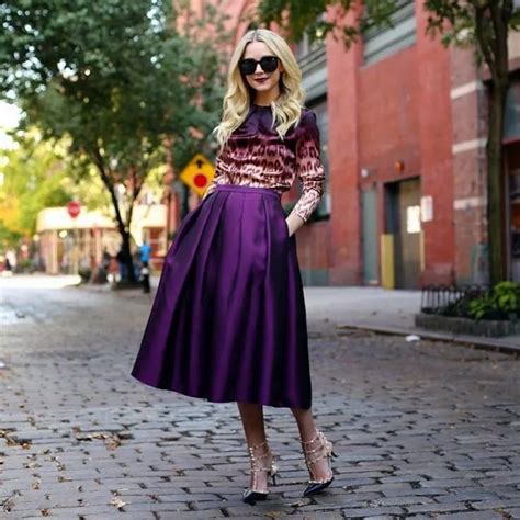 2016 Autumn Fashion Purple Satin Skirt With Invisible Side Pocket Tea Length Pleated Long A Line