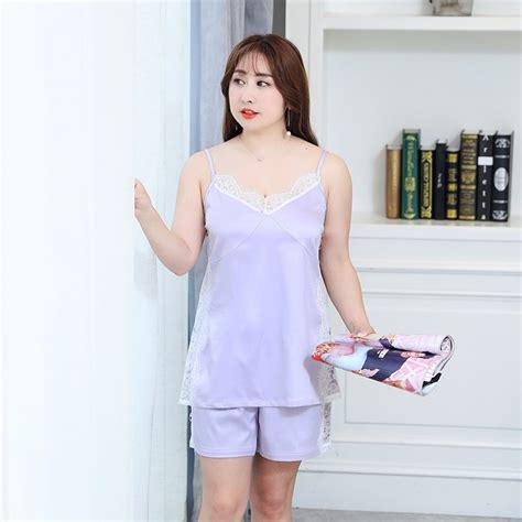 Lace Trim Sexy 2pcs Large Size Nightwear For Lady Summer Faux Silk Cami
