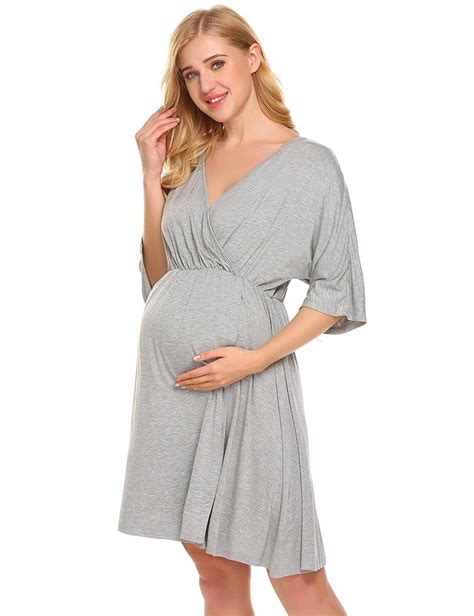 Maternity Dress Pregnant Short Sleeve V Neck Hospital Nursing Sleepwear Flower Grey