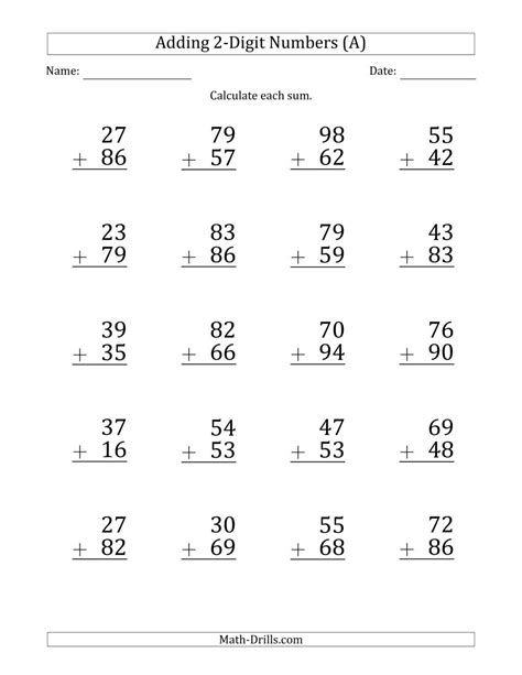 Refill grade 2 and grade 3 kids' cup of practice in borrowing from tens place with columnar and horizontal subtraction through this set of pdf subtraction within 100 worksheets. Large Print 2-Digit Plus 2-Digit Addition with SOME Regrouping (A)