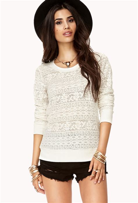 Forever 21 Long Sleeve Lace Top In White Cream Lyst