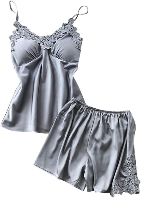 Sexy Schlafanzug Damen Kurz Sommer Pyjama Set Satin Spitze Edel Hausanzug Nachtwäsche