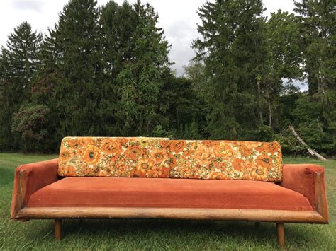 Vintage Mid Century Modern Groovy Floral Sofa Couch Orange Retro 70s
