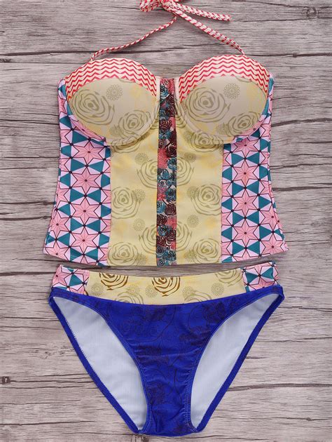 [18 off] 2022 geometric printed halter bikini set in colormix zaful