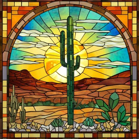 Premium Ai Image Arizona Desert Stained Glass Landscape With Saguaro Cactus