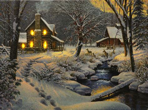 Snowy Cabin Led Canvas Art Winter Painting Thomas Kinkade Winter