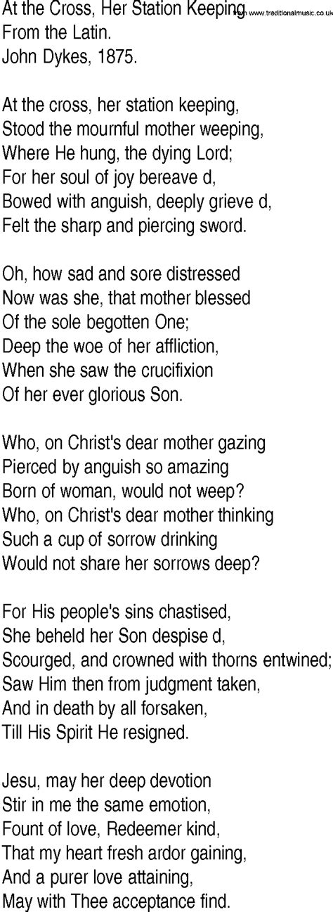 Hymn And Gospel Song Lyrics For At The Cross Her Station Keeping By