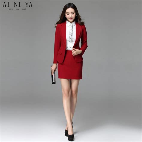 Women Skirt Suits Red Elegant Autumn Formal Wear To Work Office Business Slim Ol Jacket Blazer