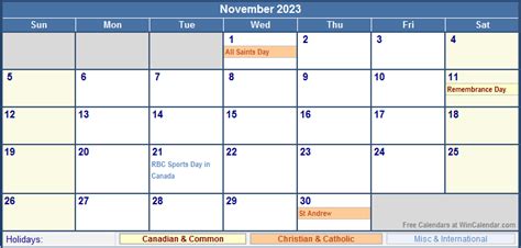 November 2023 Canada Calendar With Holidays For Printing Image Format