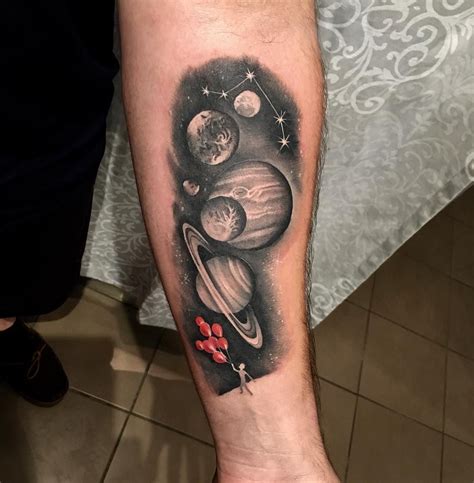 Stunning Black And White Tattoo Of Planets In Space