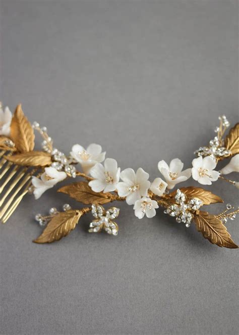 There's never an occasion more deserving of a glamorous hair accessory than your own wedding. HONEYSUCKLE | Floral wedding headpiece with gold leaf ...