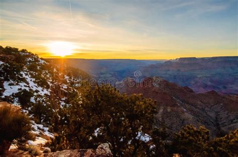 Grand Canyon Sunset View In Winter With Snow Along South Rim Stock