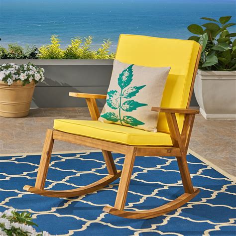 Rene Outdoor Acacia Wood Rocking Chair With Water Resistant Cushions