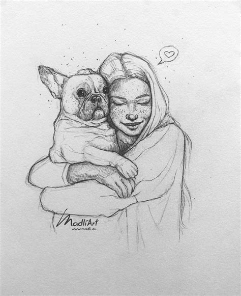 Sweet Girl And Adorable Pug Sketch