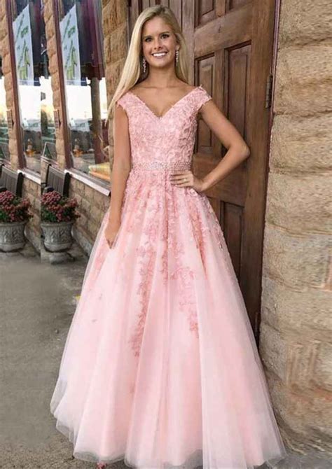 A Line Princess V Neck Long Floor Length Tulle Prom Dress With Lace