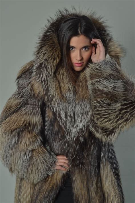 Crystal Fox Fur Coat Hooded Full Length Womens Handmade Brand New