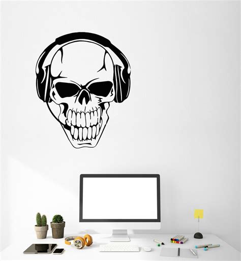 Vinyl Wall Decal Gamer Skull In Headphones Video Game Stickers 3613ig
