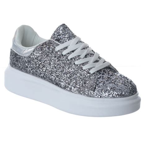 New Womens Ladies Lace Up Glitter Sparkly Trainers Sneakers Chunky Platform Size Ebay