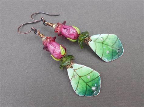 Rose earrings,Flower earrings,Romantic earrings,Ombre earrings,OOAK earrings,Lampwork earrings 