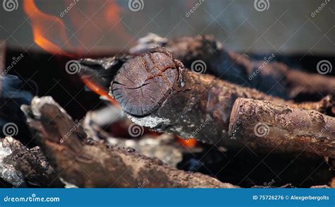 Branches Of Cherry Wood Stacked In A Barbecue Burning Bright Red Flames