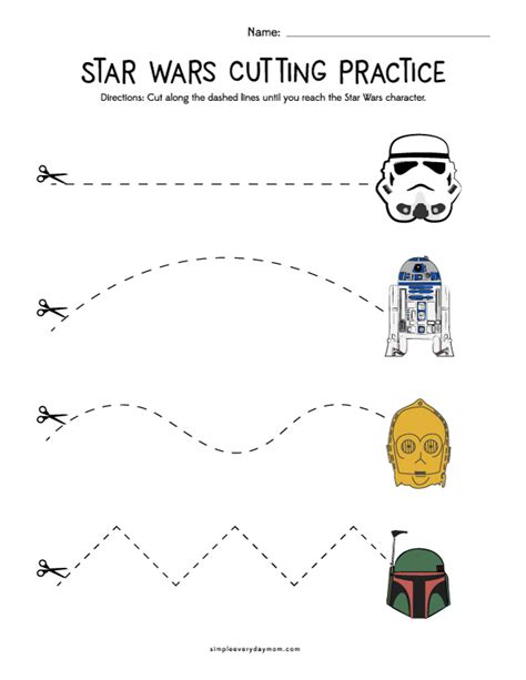 Print these worksheets to give toddlers, preschoolers and kindergarten students practice with scissors. Star Wars Cutting Practice Worksheets For Early Learners