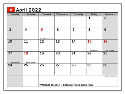 April 2022 Printable Calendar “hong Kong Ss” Michel Zbinden Hk