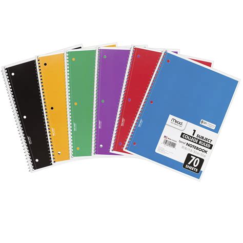 6 Pack Assorted Colors Spiral Notebooks 1 Subject College Ruled Paper