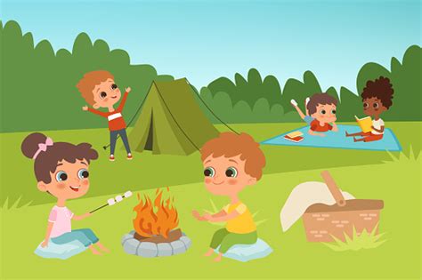 Kids Summer Camp Vector Background With Children