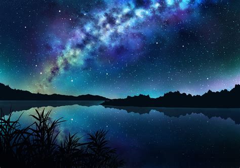 Wallpaper Sky Stars Landscape Night Trees Dark Grass Nobody