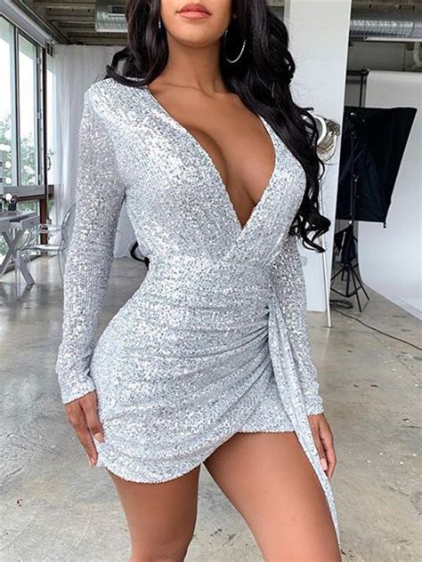 Silver Sequin V Neck Long Sleeve Cross Bodycon Glitter Sparkly Birthday