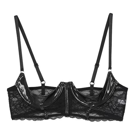 Women Open Cup Bra Wetlook Patent Leather Underwired Bra Adjustable