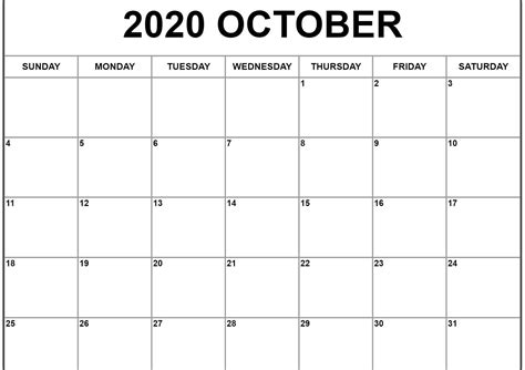 Printable Calendar October 2020 Calendar Printables Free Templates