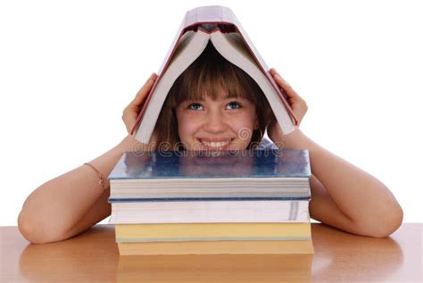 Girl Holds The Red Book On A Head Stock Image Image Of Young Caucasian 14697257