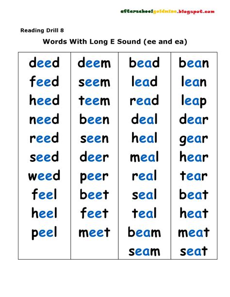 Let's work on the sentence examples which will help you in understanding the application of the schwa. Reading Drill 8 List of Words With Long e Sound (ee and ea ...