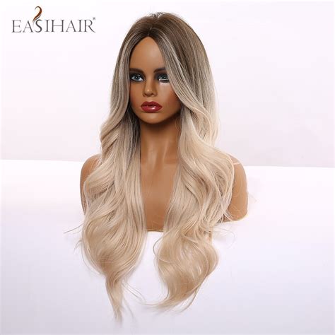 easihair long light blonde ombre natural wave style wigs heat resistant synthetic wigs middle