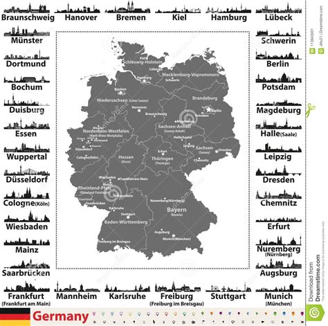 Germany Map With State Capitals And Largest Cities Skylines Silhouettes