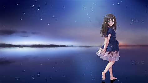 Hd Wallpaper Anime Original Dress Girl Lake Night Stars