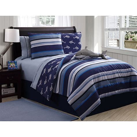 A comforter is a single, flat piece of bedding that is often included in an entire bedding set, while a duvet is a fluffier bed cover that is stuffed with down or synthetic filling. VCNY Shark Reversible 4-piece Full-size Comforter Set ...