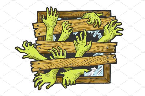 Zombie Hands Window Sketch Engraving Object Illustrations Creative