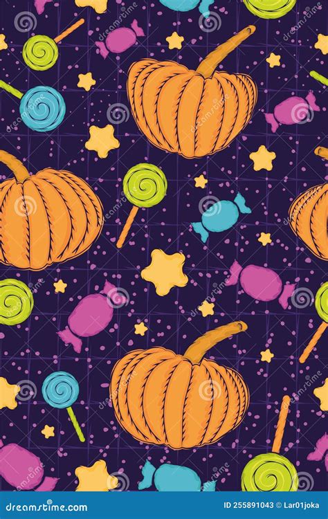 Halloween Seamless Pattern Background With Candies And Pumpkins Vector