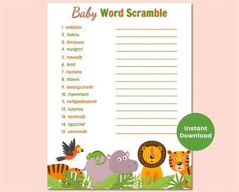 Safari Baby Shower Word Scramble Game Gender Neutral Baby Etsy
