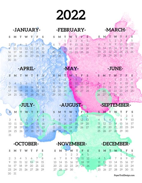 Calendar 2022 Printable One Page Paper Trail Design