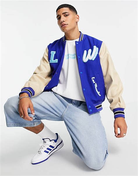Asos Design Varsity Jacket With Faux Leather Sleeves Asos