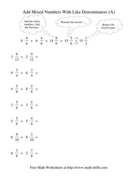 Adding Mixed Numbers With Like Denominators Free Worksheets