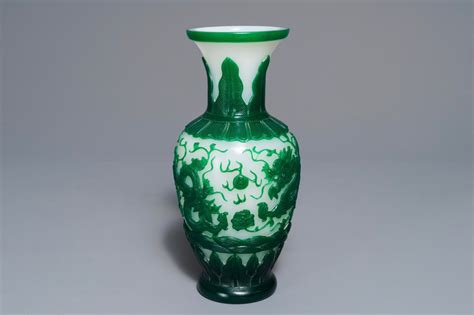 A Chinese Green On White Peking Glass Dragon Vase Qianlong Mark 19th