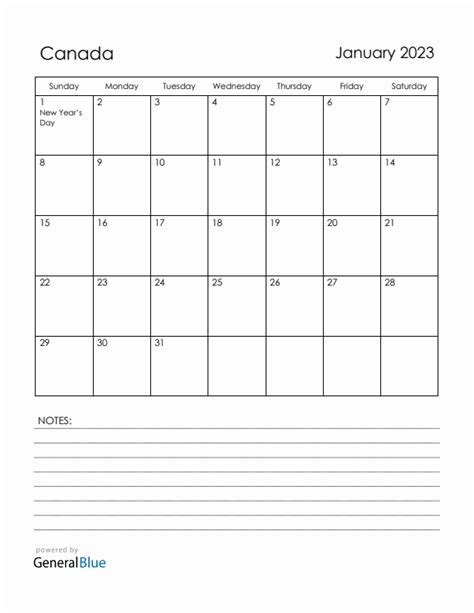 January 2023 Monthly Calendar With Canada Holidays