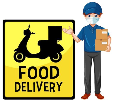 Free Vector Food Delivery Sign With Delivery Man Wearing Mask