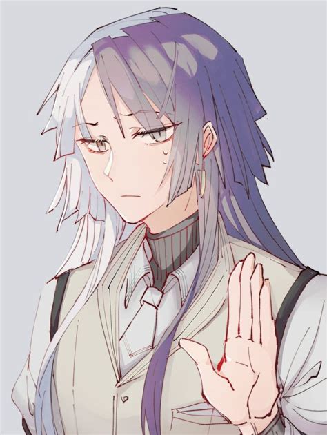 An Anime Character With Long Hair And Purple Hair Holding His Hand Up